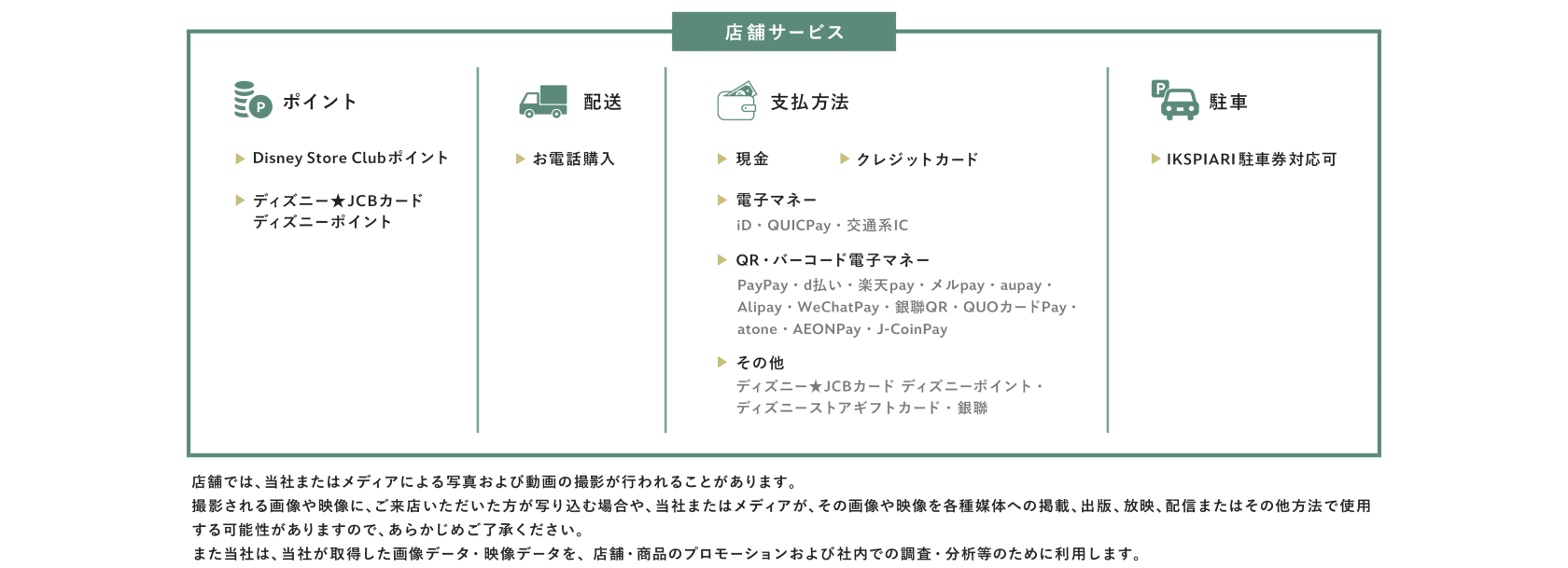 <店舗サービス>ポイント：Disney Store Clubポイント、ディズニー★JCBカードディズニーポイント。配送：お電話購入。支払い方法：現金、クレジットカード、電子マネー(iD・QUICPay・交通系IC)、QR・バーコード電子マネー(PayPay・d払い・楽天pay・メルpay・aupay・Alipay・WeChatPay・銀聯QR・QUOカードPay・atone・AEONPay・J-CoinPay)、その他(ディズニー★JCBカード ディズニーポイント・ディズニーストアギフトカード・銀聯)。駐車：IKSPIARI駐車券対応可。店舗では、当社またはメディアによる写真および動画の撮影が行われることがあります。撮影される画像や映像に、ご来店いただいた方が写り込む場合や、当社またはメディアが、その画像や映像を各種媒体への掲載、出版、放映、配信またはその他方法で使用する可能性がありますので、あらかじめご了承ください。また当社は、当社が取得した画像データ・映像データを、店舗・商品のプロモーションおよび社内での調査・分析等のために利用します。