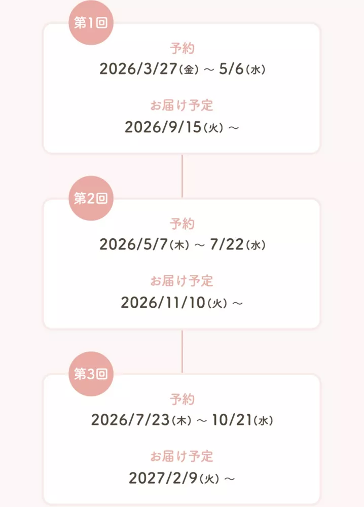 第1回 予約:2026/3/27(金)～5/6(水) お届け予定:2026/9/15(火)～ 第2回 予約:2026/5/7(木)～7/22(水) お届け予定:2026/11/10(火)～ 第3回 予約:2026/7/23(木)～10/21(水) お届け予定:2026/2/9(火)～
