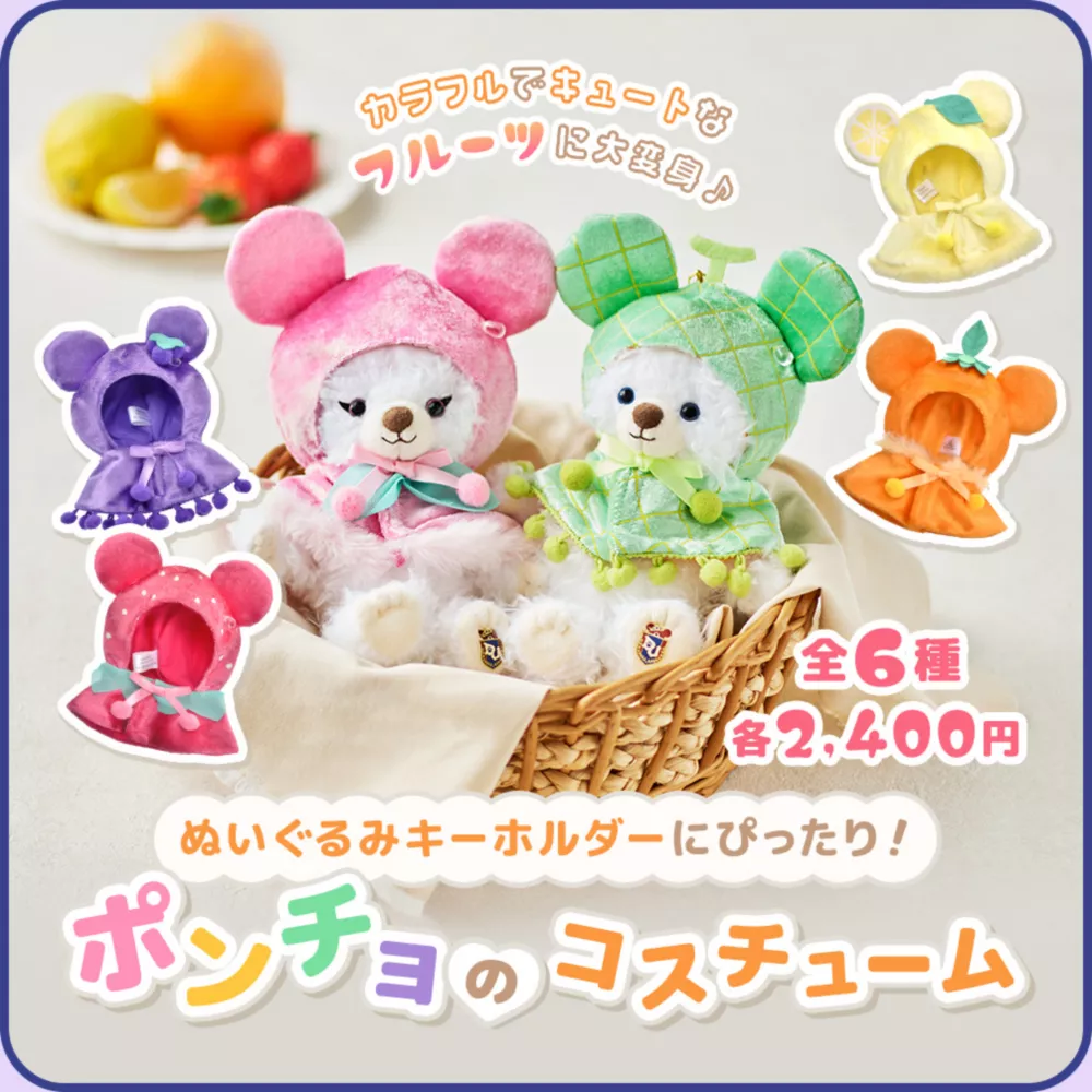 カラフルでキュートなフルーツに大変身♪ ぬいぐるみキーホルダーにぴったり！ ポンチョのコスチューム 全6種 900円