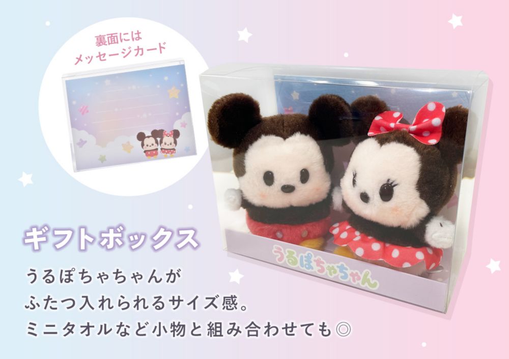 ギフトボックス うるぽちゃちゃんがふたつ入れられるサイズ感。ミニタオルなど小物と組み合わせても◎ 裏面にはメッセージカード