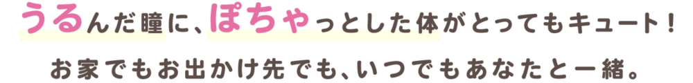 うるんだ瞳に、ぽちゃっとした体がとってもキュート！お家でもお出かけ先でも、いつでもあなたと一緒。