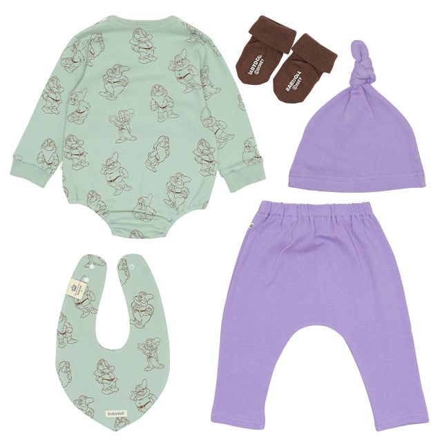 【ベビードール】七人のこびと ギフトBOX付き 5点ギフトセット 7186B 【DY】 / 70-80cm ベビーサイズ 赤ちゃん 出産祝い 贈り物 プレゼント ベビー服 ロンパース モンキーパンツ スタイ（リバーシブル仕様） ソックス 帽子