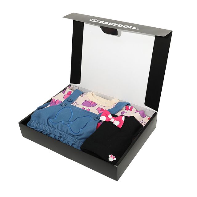 【ベビードール】ミニー ギフトBOX付き 3点ギフトセット7868B 【DY】 / 70-80cm ベビーサイズ 赤ちゃん 出産祝い 贈り物 プレゼント ベビー服 ボディスーツ サロペットロンパース 耳付き帽子 肩紐長さ調節可（2段階）