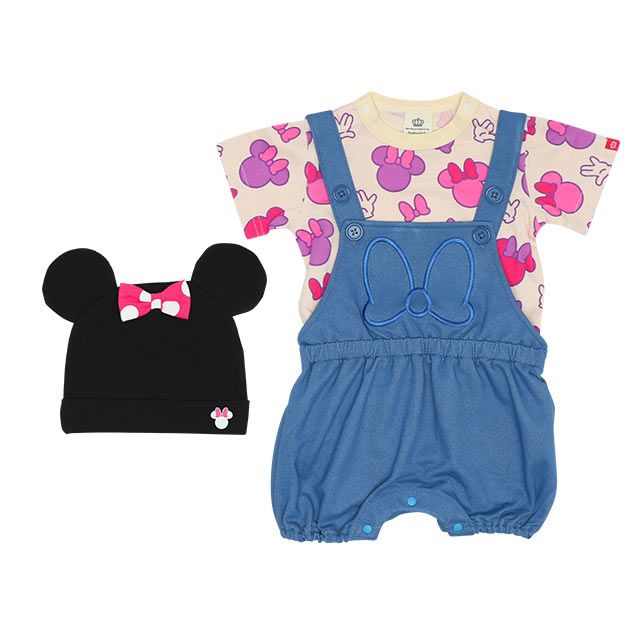 【ベビードール】ミニー ギフトBOX付き 3点ギフトセット7868B 【DY】 / 70-80cm ベビーサイズ 赤ちゃん 出産祝い 贈り物 プレゼント ベビー服 ボディスーツ サロペットロンパース 耳付き帽子 肩紐長さ調節可（2段階）