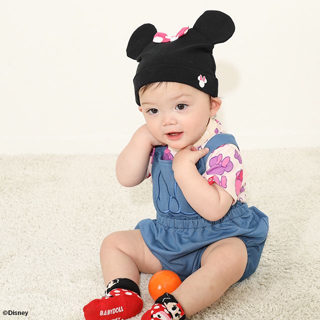 【ベビードール】ミニー ギフトBOX付き 3点ギフトセット7868B 【DY】 / 70-80cm ベビーサイズ 赤ちゃん 出産祝い 贈り物 プレゼント ベビー服 ボディスーツ サロペットロンパース 耳付き帽子 肩紐長さ調節可（2段階）
