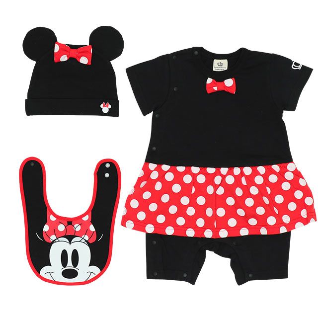 【ベビードール】ミニー ギフトBOX付き 3点ギフトセット7869B 【DY】 / 70-80cm ベビーサイズ 赤ちゃん 出産祝い 贈り物 プレゼント ベビー服 ロンパース、スタイ、耳付き帽子 肩紐長さ調節可（2段階）