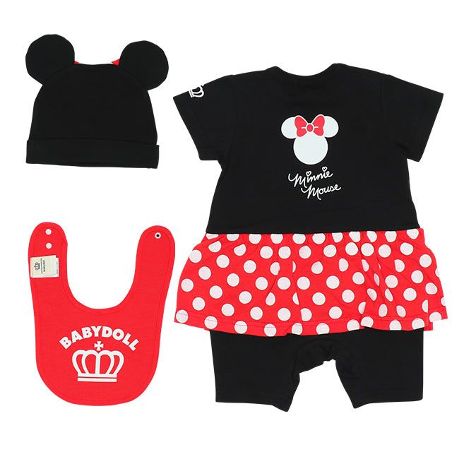 【ベビードール】ミニー ギフトBOX付き 3点ギフトセット7869B 【DY】 / 70-80cm ベビーサイズ 赤ちゃん 出産祝い 贈り物 プレゼント ベビー服 ロンパース、スタイ、耳付き帽子 肩紐長さ調節可（2段階）