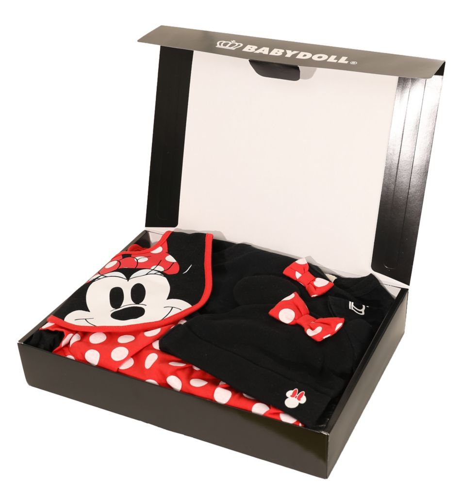 【ベビードール】ミニー ギフトBOX付き 3点ギフトセット7869B 【DY】 / 70-80cm ベビーサイズ 赤ちゃん 出産祝い 贈り物 プレゼント ベビー服 ロンパース、スタイ、耳付き帽子 肩紐長さ調節可（2段階）