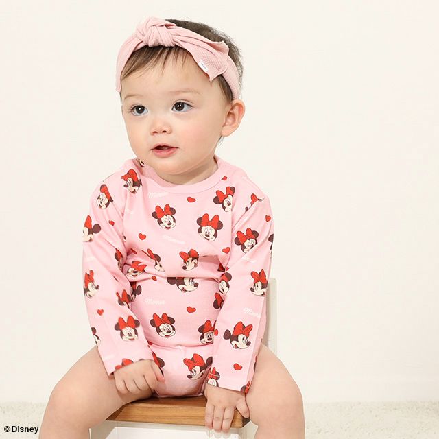 【ベビードール】ミニー 総柄ボディスーツ 7879B / ベビーサイズ 赤ちゃん 出産祝い 贈り物 プレゼント ベビー服 長袖 ワンオール 天竺素材