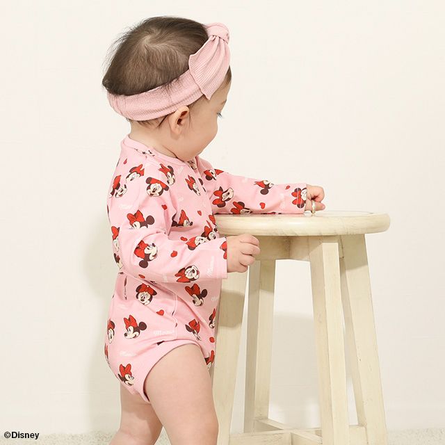【ベビードール】ミニー 総柄ボディスーツ 7879B / ベビーサイズ 赤ちゃん 出産祝い 贈り物 プレゼント ベビー服 長袖 ワンオール 天竺素材