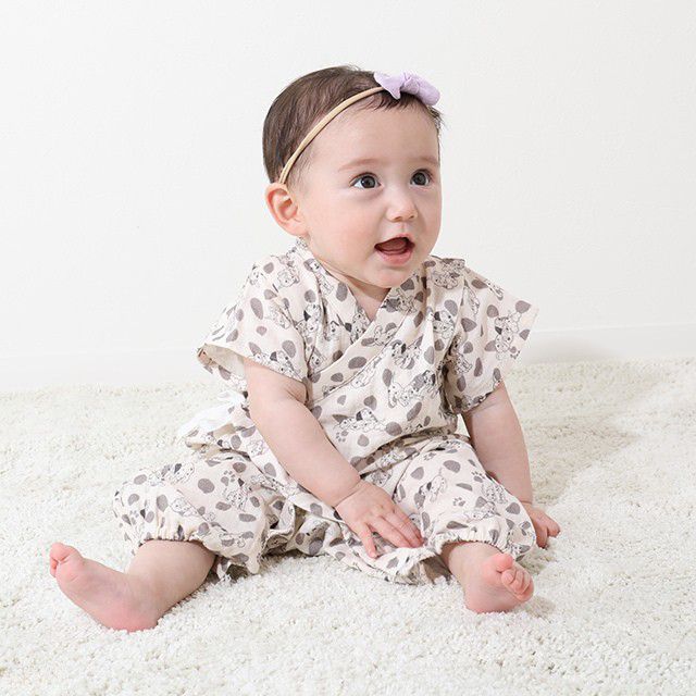 【ベビードール】プー 甚平2wayオール 8290B / ベビーサイズ 赤ちゃん ベビー服 つなぎ 半袖 ボディ肌着 カバーオール ドレスオール 左前、脇部分に結び紐 ガーゼ素材