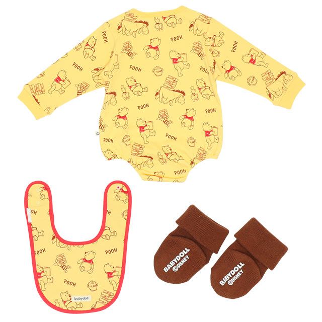 【ベビードール】プー ギフトBOX付き 3点ギフトセット 8525B 【DY】 / 70-80cm ベビーサイズ 赤ちゃん 出産祝い 贈り物 プレゼント ベビー服 長袖 ボディースーツ ソックス （滑り止め有り） スタイ （2段階調節可/リバーシブル仕様）