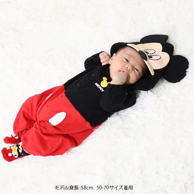【ベビードール】ミッキー キャラクター2WAYオール 8546B / ベビーサイズ 赤ちゃん ベビー服 つなぎ 長袖 カバーオール ドレスオール 前開き 耳付きフード 立体モチーフ 綿100％