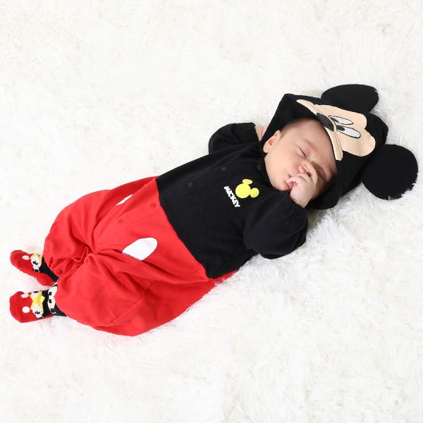 【ベビードール】ミッキー キャラクター2WAYオール 8546B / ベビーサイズ 赤ちゃん ベビー服 つなぎ 長袖 カバーオール ドレスオール 前開き 耳付きフード 立体モチーフ 綿100％