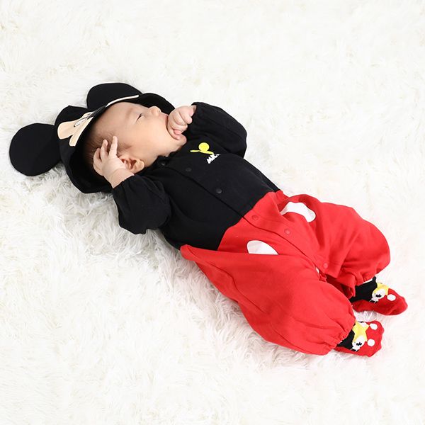 【ベビードール】ミッキー キャラクター2WAYオール 8546B / ベビーサイズ 赤ちゃん ベビー服 つなぎ 長袖 カバーオール ドレスオール 前開き 耳付きフード 立体モチーフ 綿100％
