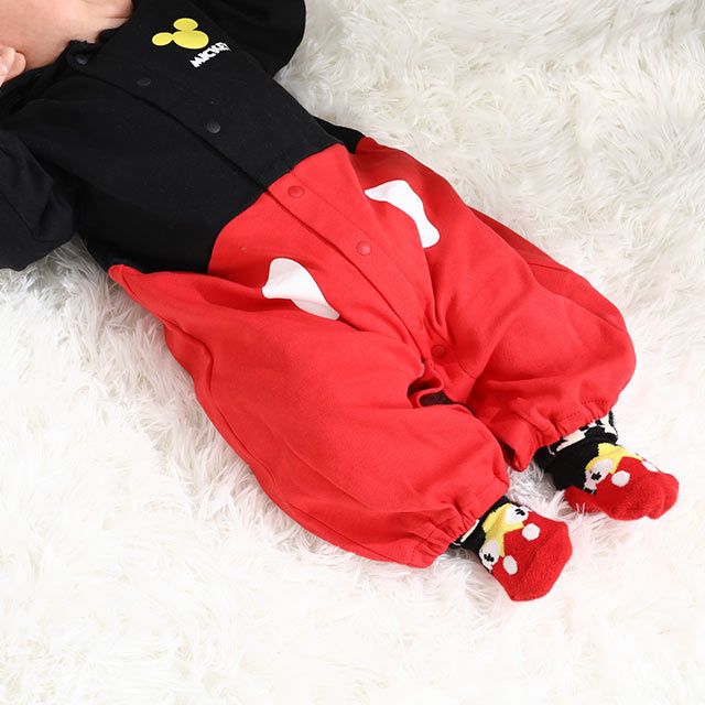 【ベビードール】ミッキー キャラクター2WAYオール 8546B / ベビーサイズ 赤ちゃん ベビー服 つなぎ 長袖 カバーオール ドレスオール 前開き 耳付きフード 立体モチーフ 綿100％