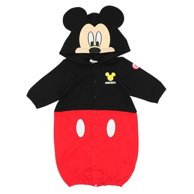 【ベビードール】ミッキー キャラクター2WAYオール 8546B / ベビーサイズ 赤ちゃん ベビー服 つなぎ 長袖 カバーオール ドレスオール 前開き 耳付きフード 立体モチーフ 綿100％