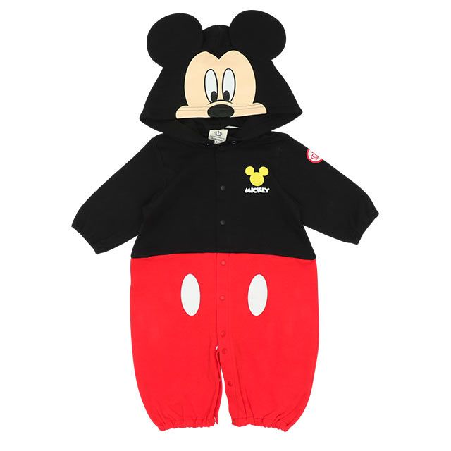 【ベビードール】ミッキー キャラクター2WAYオール 8546B / ベビーサイズ 赤ちゃん ベビー服 つなぎ 長袖 カバーオール ドレスオール 前開き 耳付きフード 立体モチーフ 綿100％