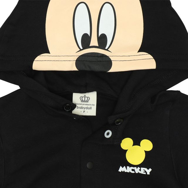 【ベビードール】ミニー キャラクター2WAYオール 8546B / ベビーサイズ 赤ちゃん ベビー服 つなぎ 長袖 カバーオール ドレスオール 前開き 耳付きフード 立体モチーフ 綿100％