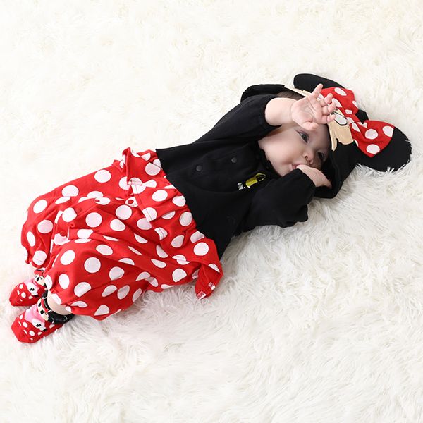 【ベビードール】ミニー キャラクター2WAYオール 8546B / ベビーサイズ 赤ちゃん ベビー服 つなぎ 長袖 カバーオール ドレスオール 前開き 耳付きフード 立体モチーフ 綿100％