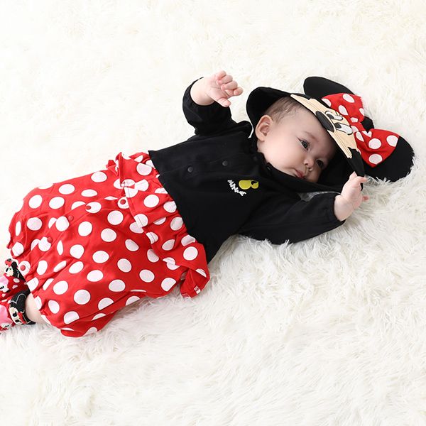 【ベビードール】ミニー キャラクター2WAYオール 8546B / ベビーサイズ 赤ちゃん ベビー服 つなぎ 長袖 カバーオール ドレスオール 前開き 耳付きフード 立体モチーフ 綿100％
