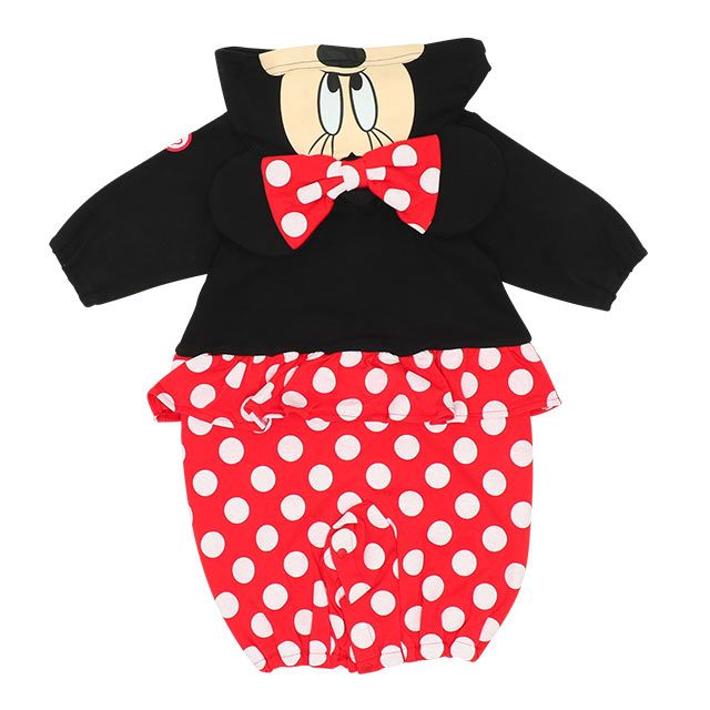 【ベビードール】ミニー キャラクター2WAYオール 8546B / ベビーサイズ 赤ちゃん ベビー服 つなぎ 長袖 カバーオール ドレスオール 前開き 耳付きフード 立体モチーフ 綿100％