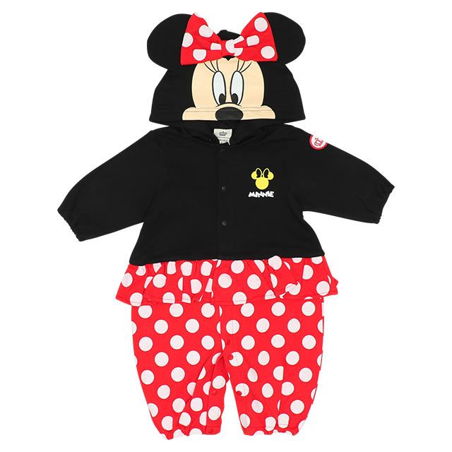 【ベビードール】ミニー キャラクター2WAYオール 8546B / ベビーサイズ 赤ちゃん ベビー服 つなぎ 長袖 カバーオール ドレスオール 前開き 耳付きフード 立体モチーフ 綿100％
