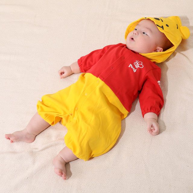 【ベビードール】プー キャラクター2WAYオール 8546B / ベビーサイズ 赤ちゃん ベビー服 つなぎ 長袖 カバーオール ドレスオール 前開き 耳付きフード 立体モチーフ 綿100％