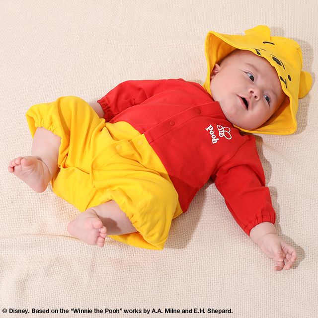 【ベビードール】プー キャラクター2WAYオール 8546B / ベビーサイズ 赤ちゃん ベビー服 つなぎ 長袖 カバーオール ドレスオール 前開き 耳付きフード 立体モチーフ 綿100％