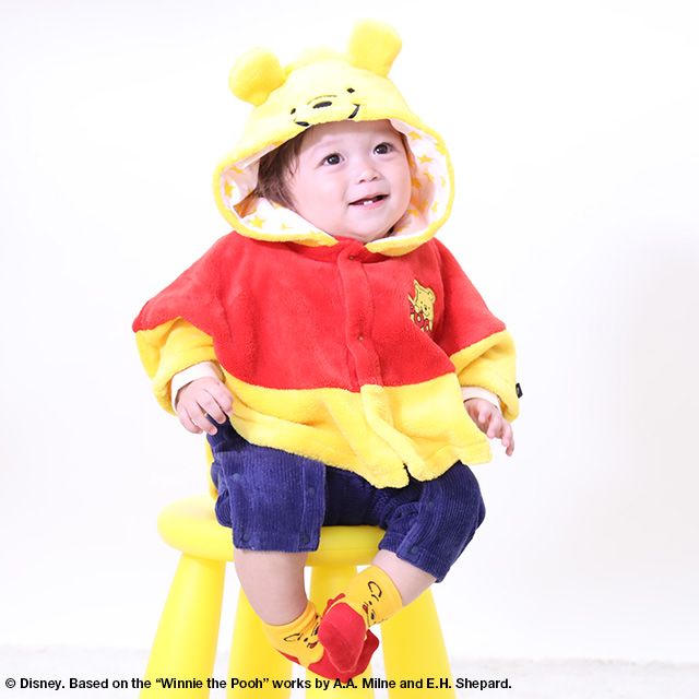 【ベビードール】プー キャラクターポンチョ 8894 / ベビーサイズ 赤ちゃん 出産祝い ベビー服 シャギーボア 防寒 マント 羽織り フード付き なりきる 仮装 コスチューム コスプレ