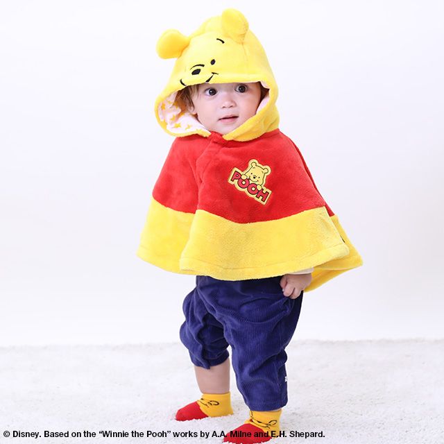 【ベビードール】プー キャラクターポンチョ 8894 / ベビーサイズ 赤ちゃん 出産祝い ベビー服 シャギーボア 防寒 マント 羽織り フード付き なりきる 仮装 コスチューム コスプレ