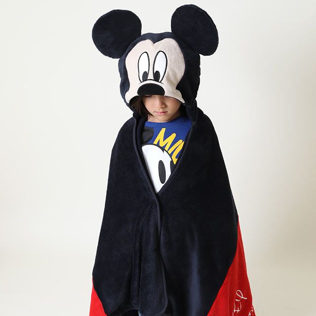 【ベビードール】ミッキー キャラクターブランケット 9016 / ひざ掛け 毛布 ポンチョ なりきるフェイスフード付き クッション 防寒 秋冬