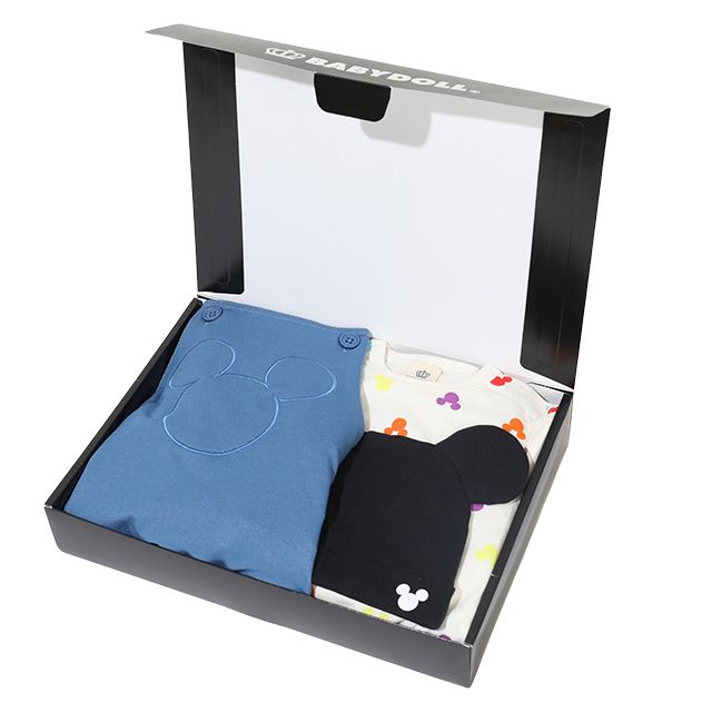 【ベビードール】ミッキー ギフトBOX付き 3点ギフトセット 9136B 【DY】 / 70-80cm ベビーサイズ 赤ちゃん 出産祝い 贈り物 プレゼント ベビー服 半袖 ボディスーツ ロンパース ボトムス サロペット 帽子 ぼうし コーデセット 立体モチーフ 耳付き