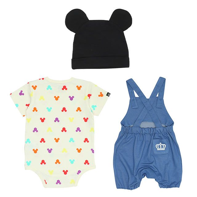 【ベビードール】ミッキー ギフトBOX付き 3点ギフトセット 9136B 【DY】 / 70-80cm ベビーサイズ 赤ちゃん 出産祝い 贈り物 プレゼント ベビー服 半袖 ボディスーツ ロンパース ボトムス サロペット 帽子 ぼうし コーデセット 立体モチーフ 耳付き