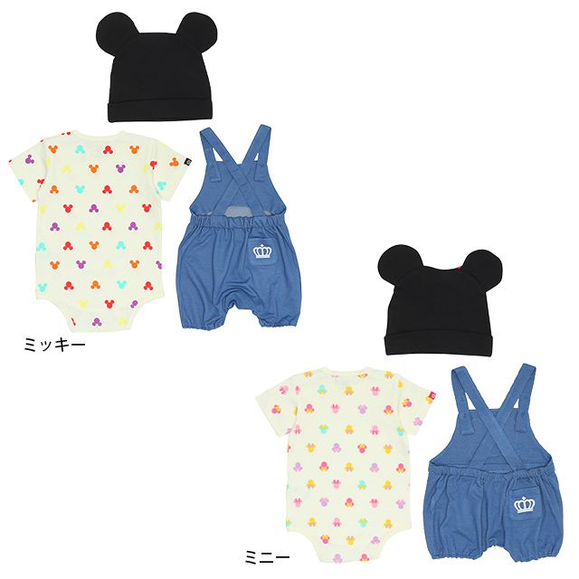 【ベビードール】ミッキー ギフトBOX付き 3点ギフトセット 9136B 【DY】 / 70-80cm ベビーサイズ 赤ちゃん 出産祝い 贈り物 プレゼント ベビー服 半袖 ボディスーツ ロンパース ボトムス サロペット 帽子 ぼうし コーデセット 立体モチーフ 耳付き