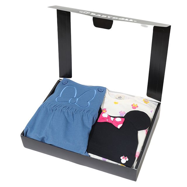 【ベビードール】ミニー ギフトBOX付き 3点ギフトセット 9136B 【DY】 / 70-80cm ベビーサイズ 赤ちゃん 出産祝い 贈り物 プレゼント ベビー服 半袖 ボディスーツ ロンパース ボトムス サロペット 帽子 ぼうし コーデセット 立体モチーフ 耳付き