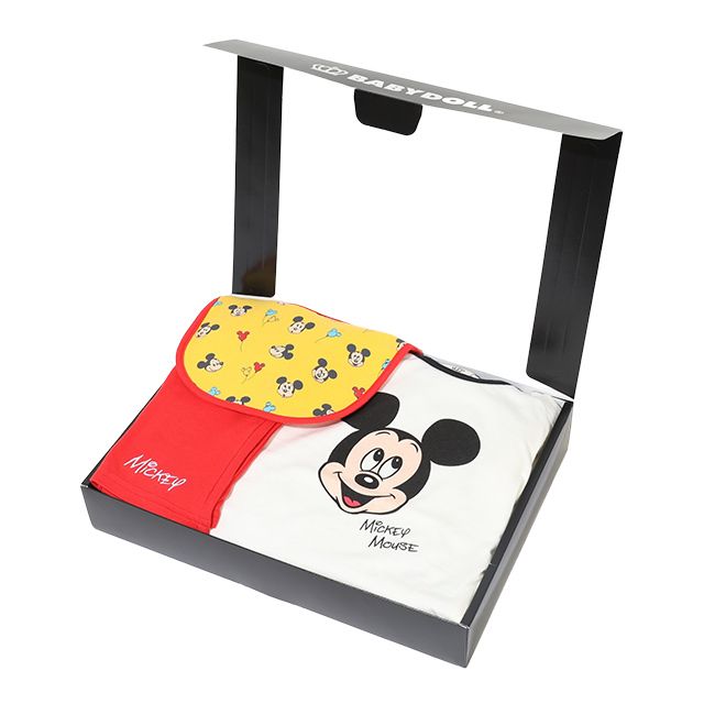 【ベビードール】ミッキー ギフトBOX付き 3点ギフトセット 9139B 【DY】 / 70-80cm ベビーサイズ 赤ちゃん 出産祝い 贈り物 プレゼント ベビー服 長袖 ボディースーツ スタイ ボトムス  長ズボン ロングパンツ コーデセット お得