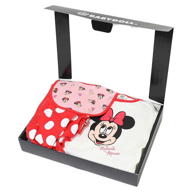 【ベビードール】ミニー ギフトBOX付き 3点ギフトセット 9139B 【DY】 / 70-80cm ベビーサイズ 赤ちゃん 出産祝い 贈り物 プレゼント ベビー服 長袖 ボディースーツ スタイ ボトムス スカート コーデセット お得