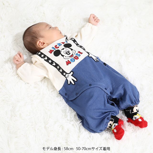 【ベビードール】ミッキー サスペンダー2WAYオール 0137B / 50-70cm ベビーサイズ 赤ちゃん 出産祝い 贈り物 プレゼント 綿100％ つなぎ 長袖 ドレスオール カバーオール