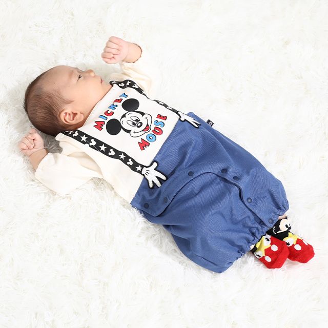 【ベビードール】ミッキー サスペンダー2WAYオール 0137B / 50-70cm ベビーサイズ 赤ちゃん 出産祝い 贈り物 プレゼント 綿100％ つなぎ 長袖 ドレスオール カバーオール