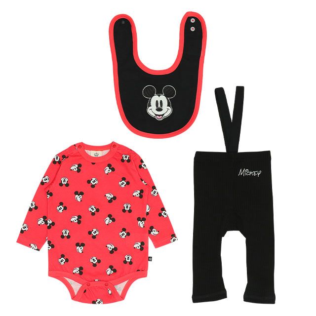 【ベビードール】ミッキー ギフトBOX付き 長袖 3点ギフトセット 0140B 【DY】 / 70-80cm ベビーサイズ 赤ちゃん 出産祝い 贈り物 プレゼント コーデセット つなぎ ボディースーツ パンツ スタイ