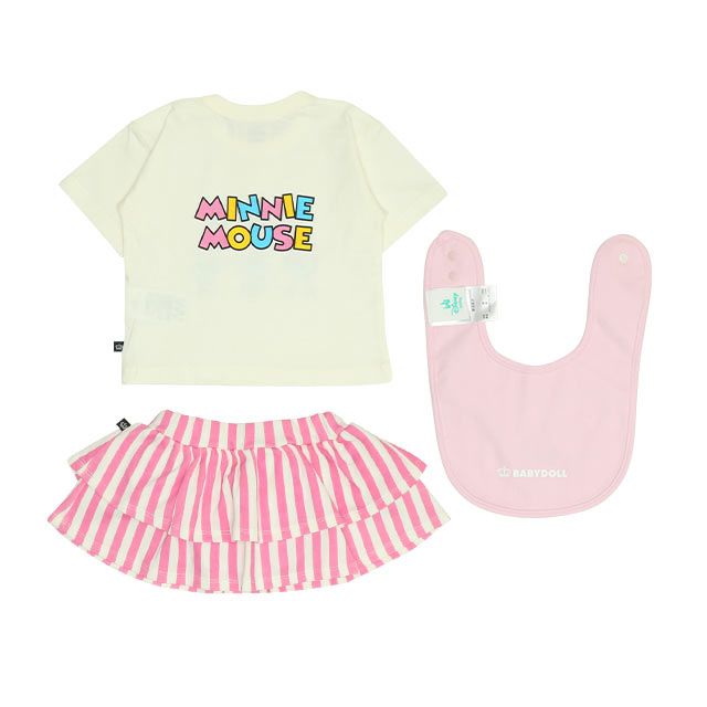 【ベビードール】ミニー ギフトBOX付き 半袖 3点ギフトセット 0141B 【DY】 / 70-80cm ベビーサイズ 赤ちゃん 出産祝い 贈り物 プレゼント コーデセット 綿100％ つなぎ Tシャツ ボリュームスカート スタイ