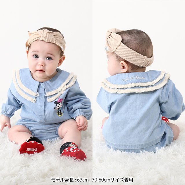 【ベビードール】ミニー デニムベビーセットアップ 0298B / 70-80cm 赤ちゃん リンクコーデ ペアルック 出産祝い 贈り物 プレゼント 綿100％ フリンジ襟