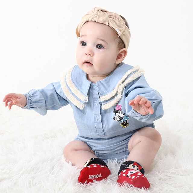 【ベビードール】ミニー デニムベビーセットアップ 0298B / 70-80cm 赤ちゃん リンクコーデ ペアルック 出産祝い 贈り物 プレゼント 綿100％ フリンジ襟