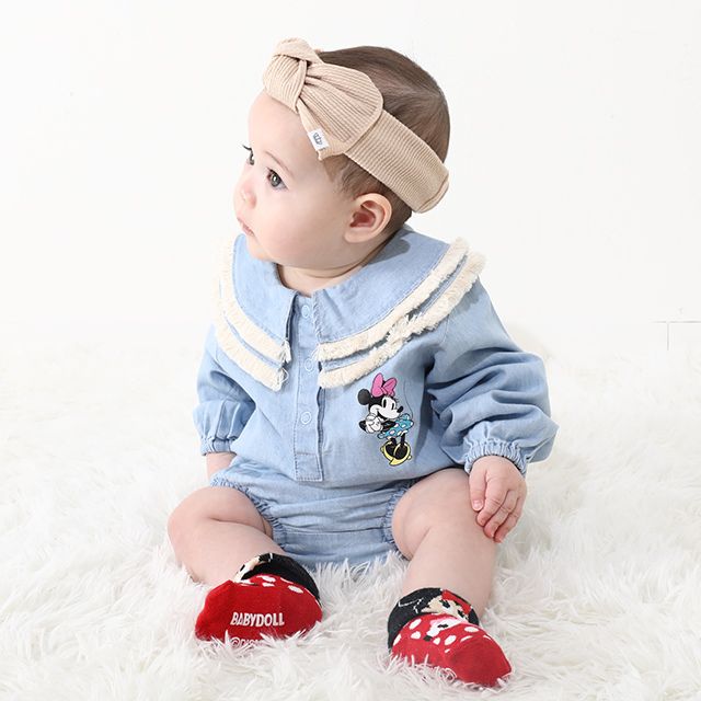 【ベビードール】ミニー デニムベビーセットアップ 0298B / 70-80cm 赤ちゃん リンクコーデ ペアルック 出産祝い 贈り物 プレゼント 綿100％ フリンジ襟