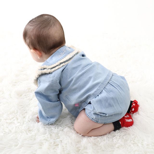 【ベビードール】ミニー デニムベビーセットアップ 0298B / 70-80cm 赤ちゃん リンクコーデ ペアルック 出産祝い 贈り物 プレゼント 綿100％ フリンジ襟