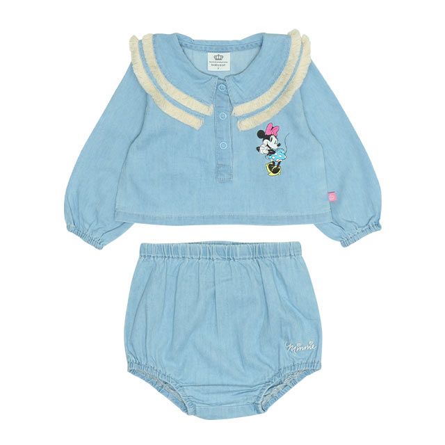 【ベビードール】ミニー デニムベビーセットアップ 0298B / 70-80cm 赤ちゃん リンクコーデ ペアルック 出産祝い 贈り物 プレゼント 綿100％ フリンジ襟