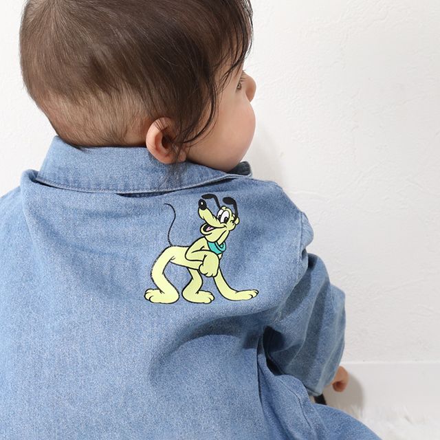 【ベビードール】ミッキー ワッペンデニムロンパース 0300B / ドナルド プルート 70-80cm 赤ちゃん リンクコーデ ペアルック 親子コーデ 出産祝い 贈り物 プレゼント ベビー服 つなぎ 長袖 綿100％