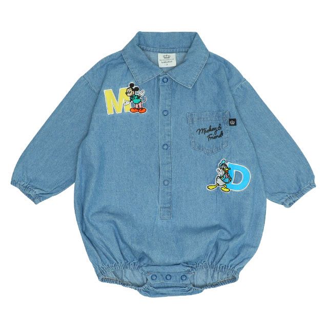 【ベビードール】ミッキー ワッペンデニムロンパース 0300B / ドナルド プルート 70-80cm 赤ちゃん リンクコーデ ペアルック 親子コーデ 出産祝い 贈り物 プレゼント ベビー服 つなぎ 長袖 綿100％