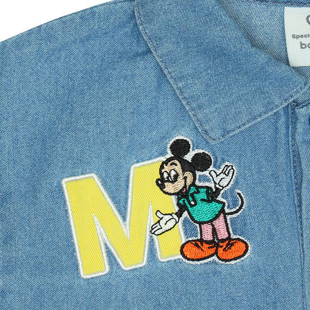 【ベビードール】ミッキー ワッペンデニムロンパース 0300B / ドナルド プルート 70-80cm 赤ちゃん リンクコーデ ペアルック 親子コーデ 出産祝い 贈り物 プレゼント ベビー服 つなぎ 長袖 綿100％